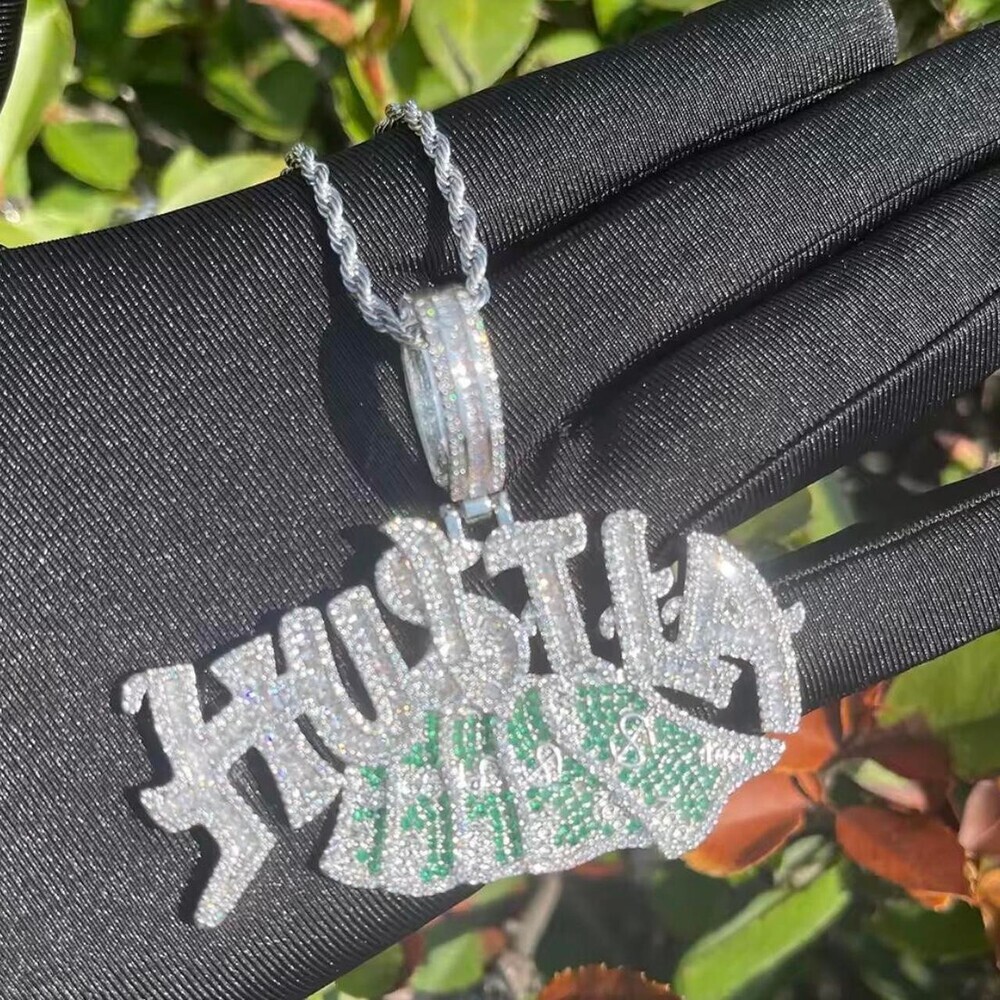 Iced Out Hustla Money Bag Pendant with 24 Inch Rope Chain